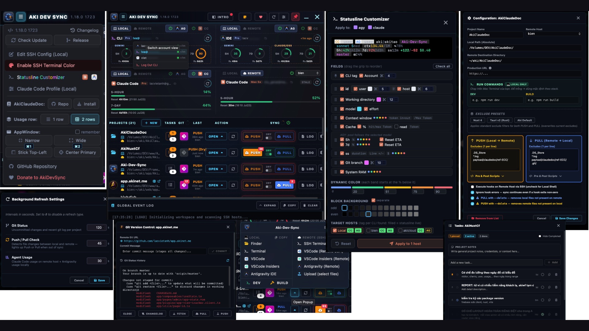 Bảng điều khiển Aki Dev Sync: các thẻ project với cặp panel LOCAL/REMOTE, thanh quota CC/AG, danh sách project với nút PUSH/PULL/SYNC, git panel lịch sử commit, task manager và event log toàn cục