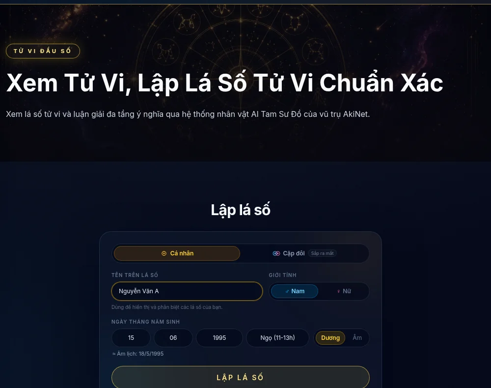 Form lập lá số tử vi online tại Tử Vi AkiNet, điền tên, giới tính và ngày giờ sinh